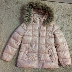 Pink Puffer Jacket with Faux Fur Hood